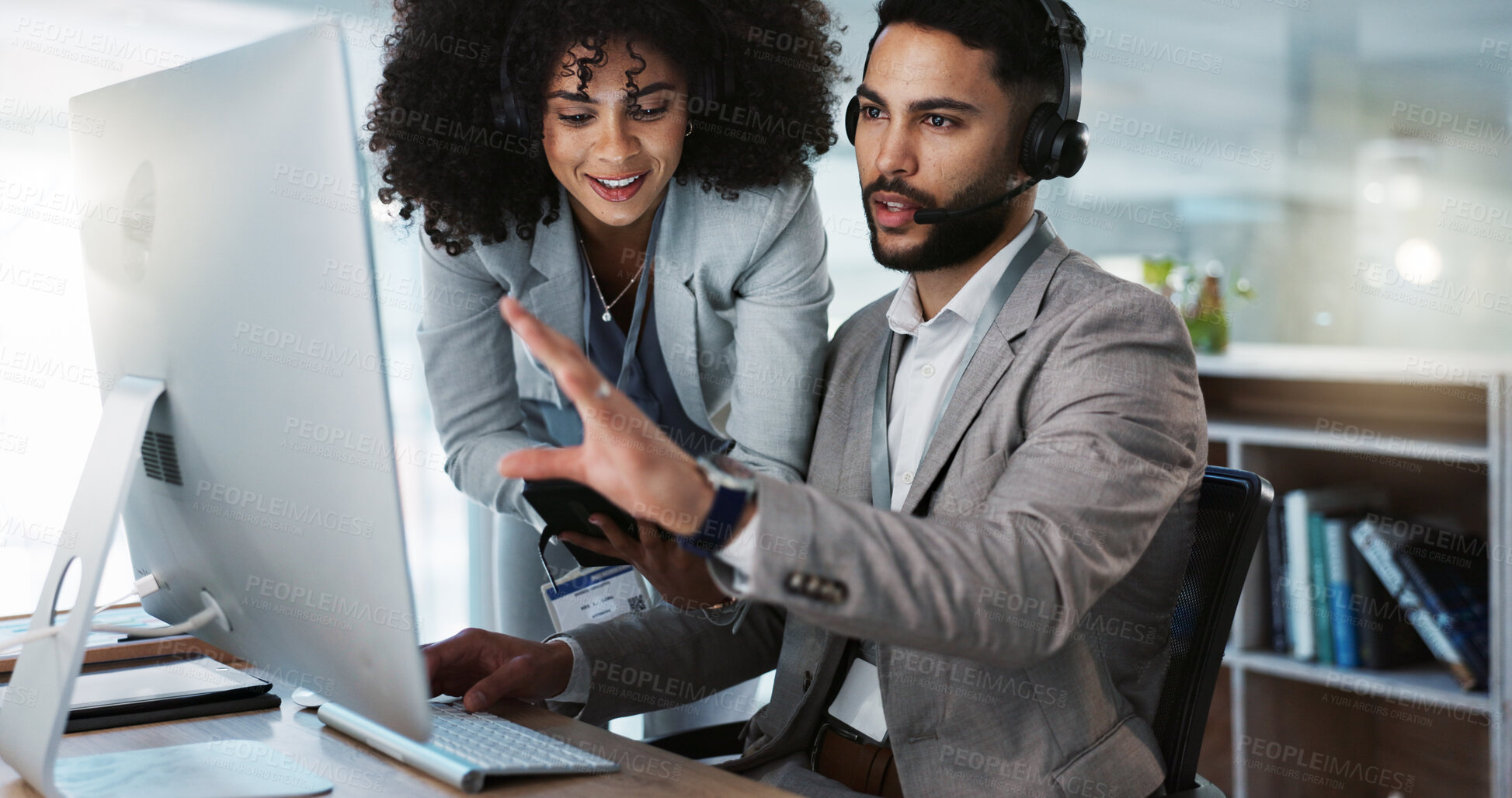 Buy stock photo Call center, training and learning in office with mentor, technical support and advice for working on computer. Employees, collaboration and questions for manager coaching or helping on tech project