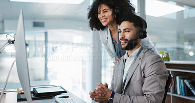 Call center, training and learning in office with mentor, technical support and advice for working on computer. Employees, collaboration and questions for manager coaching or helping on tech project