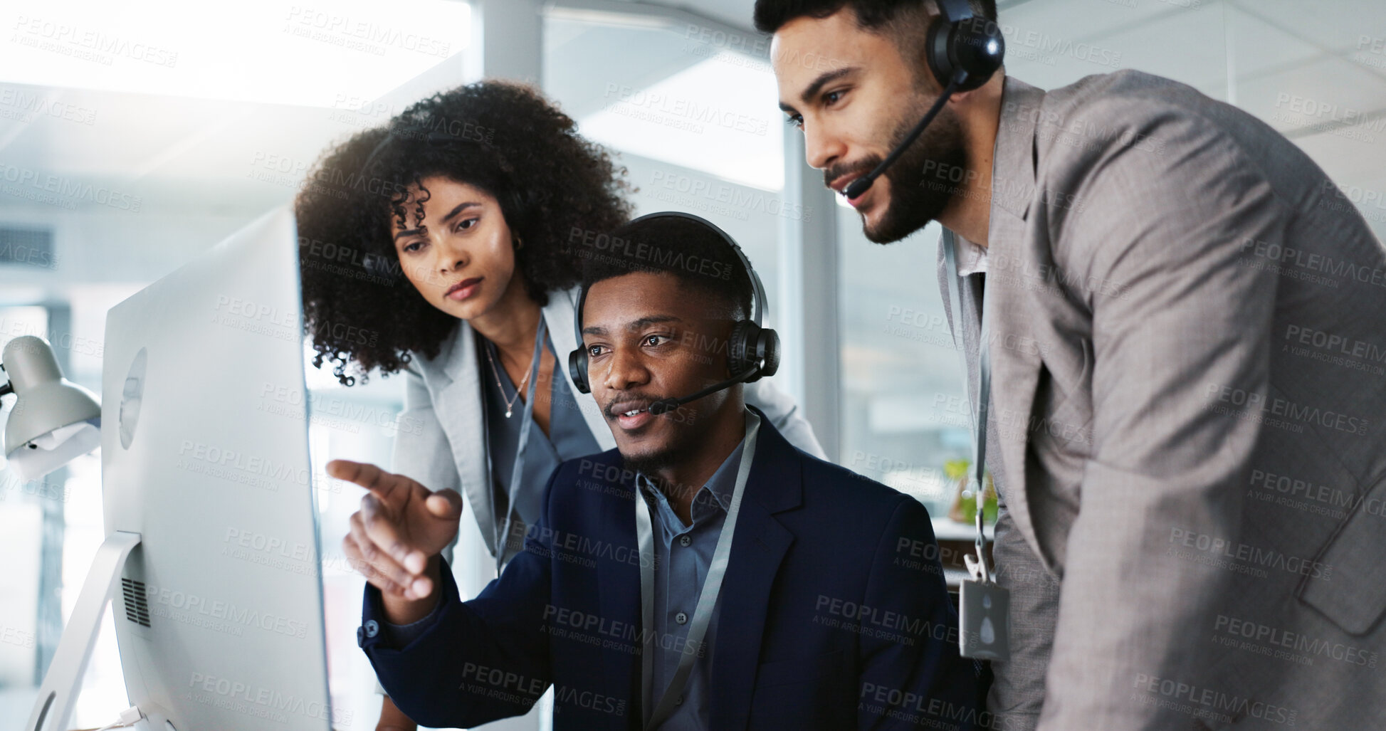 Buy stock photo Business people, call center and coaching team in telemarketing, customer service or support at office. Staff, agent or consultant training together in teamwork for online advice, help or contact us