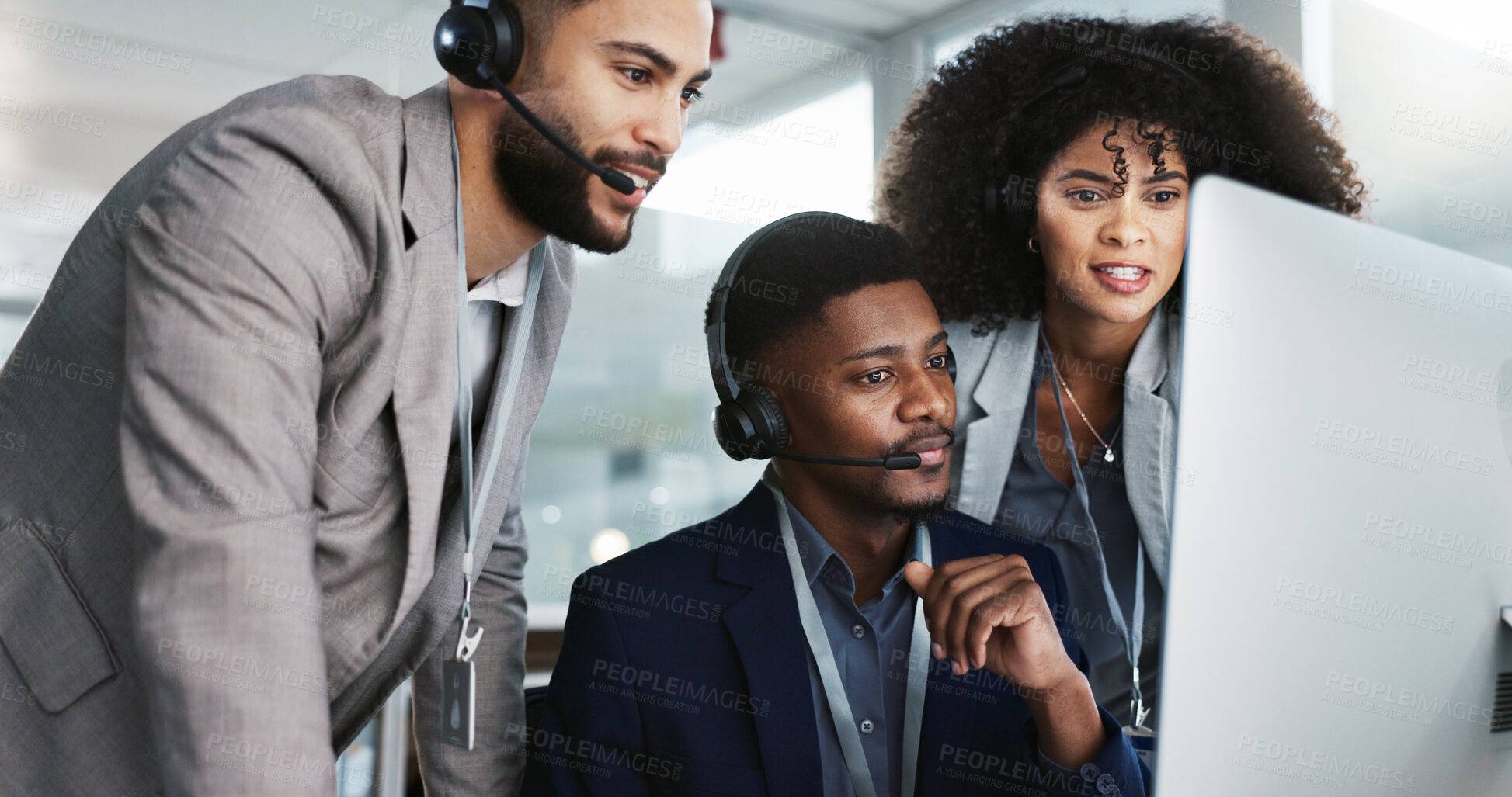 Buy stock photo Business people, call center and coaching in customer service, telemarketing or support at office. Team, agent or consultant training staff together in teamwork for online advice, help or contact us