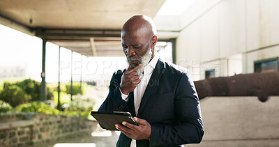 Outdoor, corporate and senior man with a tablet, thinking or doubt with data analysis, investment research or website info. African person, employee or accountant with technology, outside or confused