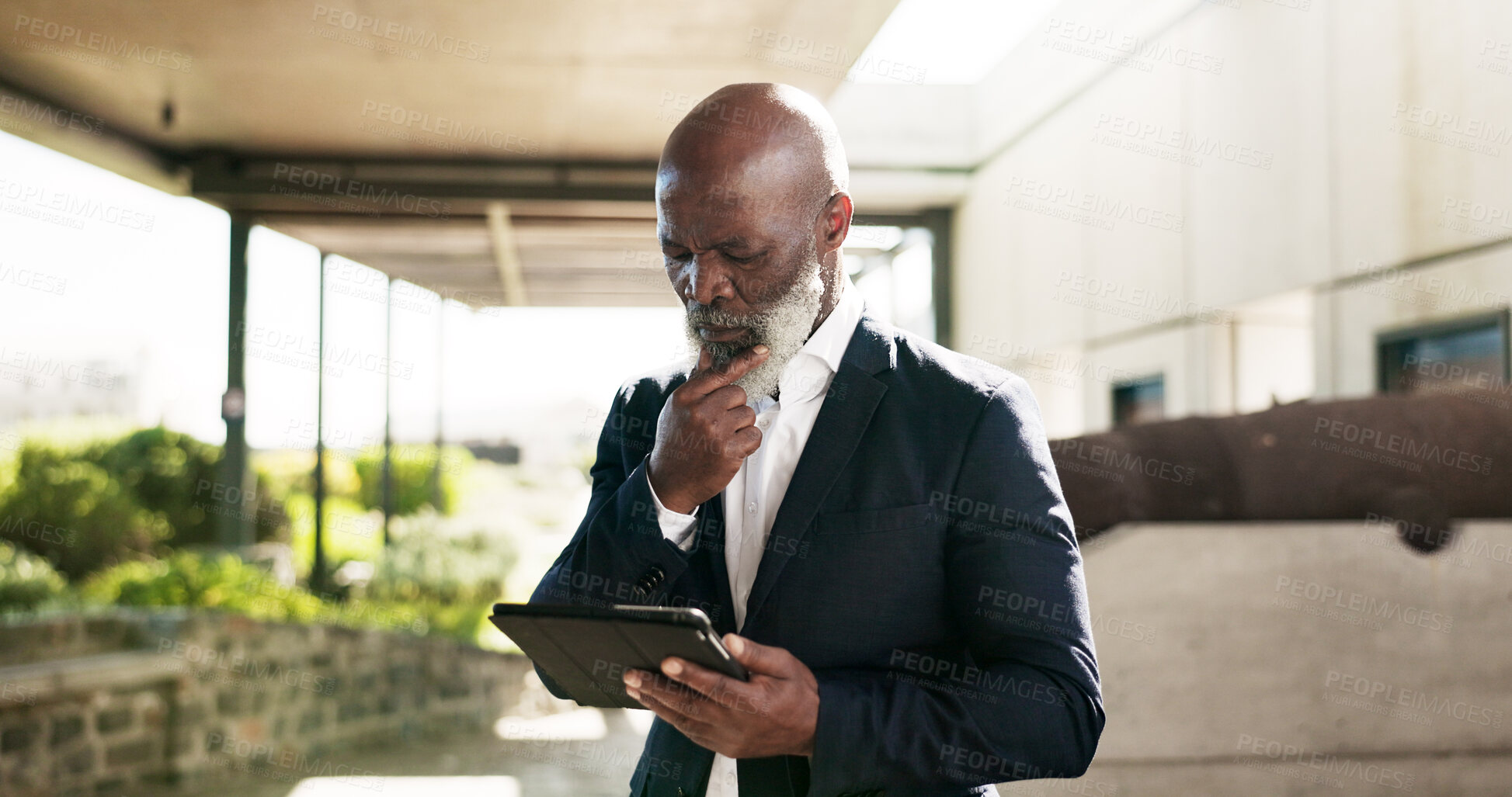 Buy stock photo Outdoor, corporate and senior man with a tablet, thinking or doubt with data analysis, investment research or website info. African person, employee or accountant with technology, outside or confused