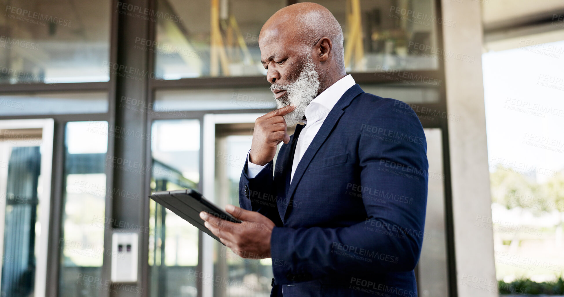 Buy stock photo Outdoor, business and senior man with a tablet, thinking and confused with data analysis, research and email notification. African person, employee and accountant with technology, outside and doubt