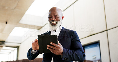Tablet, celebration and senior businessman in the city with good news, job promotion or winning. Happy, digital technology and professional African male lawyer with fist pump for success in town.