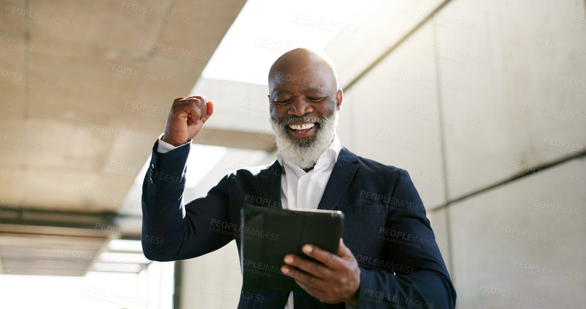 Buy stock photo Tablet, celebration and senior businessman in the city with good news, job promotion or winning. Happy, digital technology and professional African male lawyer with fist pump for success in town.