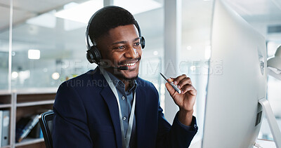 Computer, call center and black man talking, telemarketing and technical support at help desk. Communication, customer service and happy sales agent consulting, crm advisory and speaking to contact