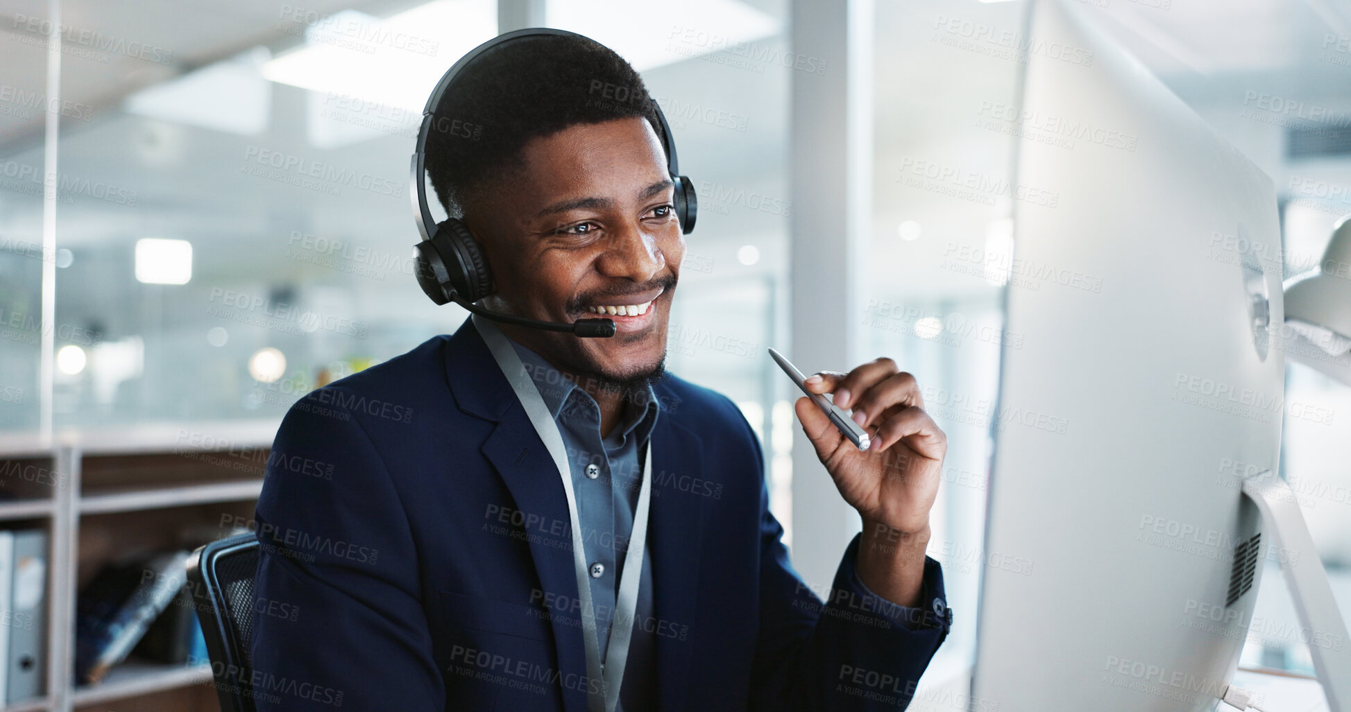 Buy stock photo Computer, call center and black man talking, telemarketing and technical support at help desk. Communication, customer service and happy sales agent consulting, crm advisory and speaking to contact