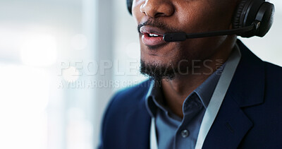 Closeup, man and mouth consulting in call center, customer service or telemarketing at office. Lips of male person, consultant or agent talking on headphones for online advice, help or contact us