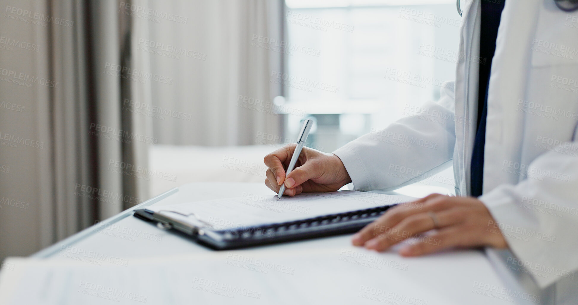 Buy stock photo Doctor, hands and writing on checklist at desk for health, information and paperwork. Table, clipboard and closeup of medical woman on chart for prescription, notes or insurance document in hospital