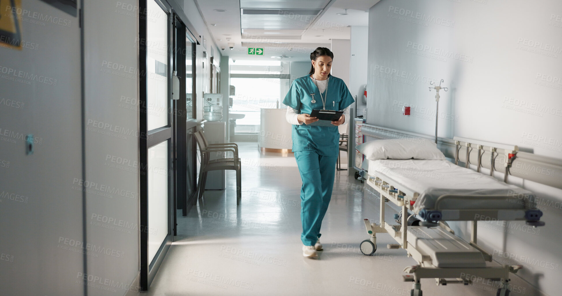 Buy stock photo Fail, crying or doctor with stress in hospital unhappy with healthcare results or medical problem. Depression, mistake or sad woman nurse frustrated by grief, death or loss in clinic with headache