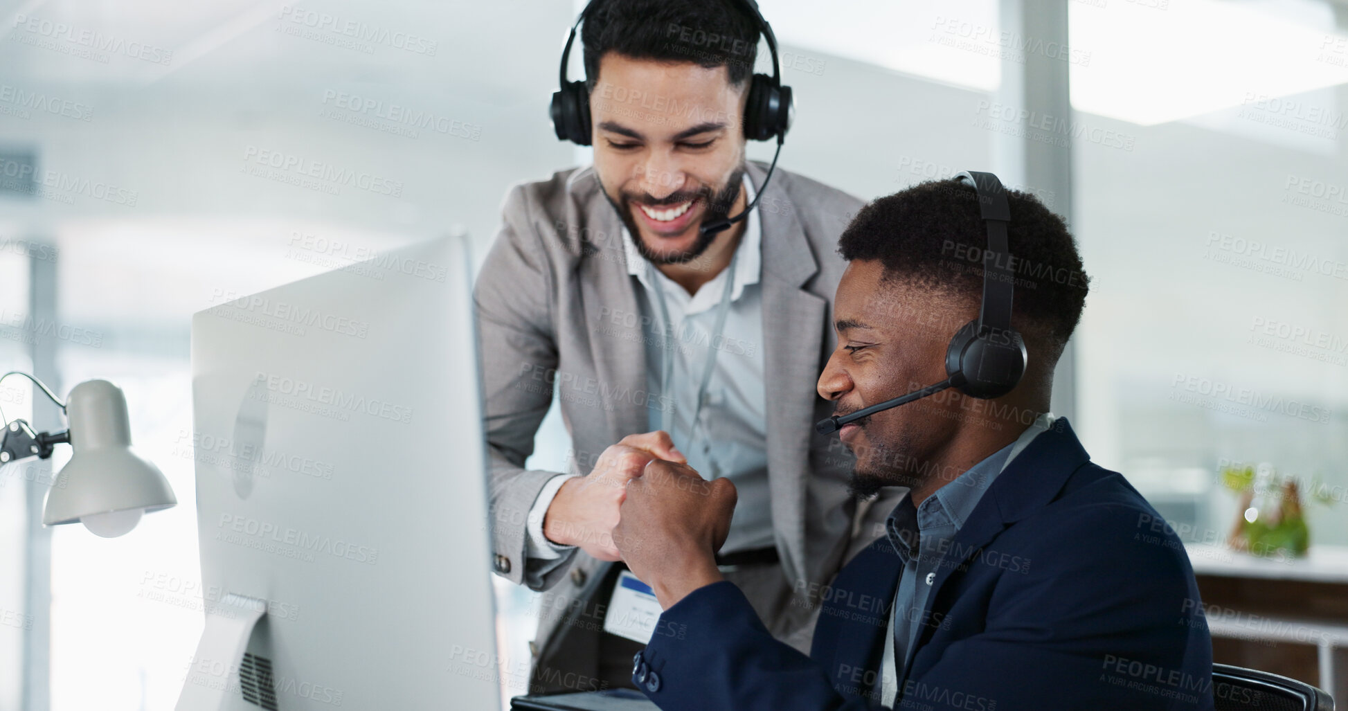 Buy stock photo businessman, call center and team success at computer in customer service, telemarketing or support office. Fist bump, manager and consultant in training for online advice, celebrate or contact us