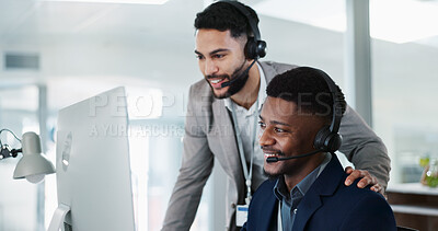 Businessman, call center and coaching in customer service, telemarketing or support at office. Team, agent or consultant training staff in teamwork for online advice, help or contact us at workplace