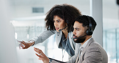 Call center, training and learning in office with mentor, technical support and advice for working on computer. Employees, collaboration and questions for manager coaching on project with tech