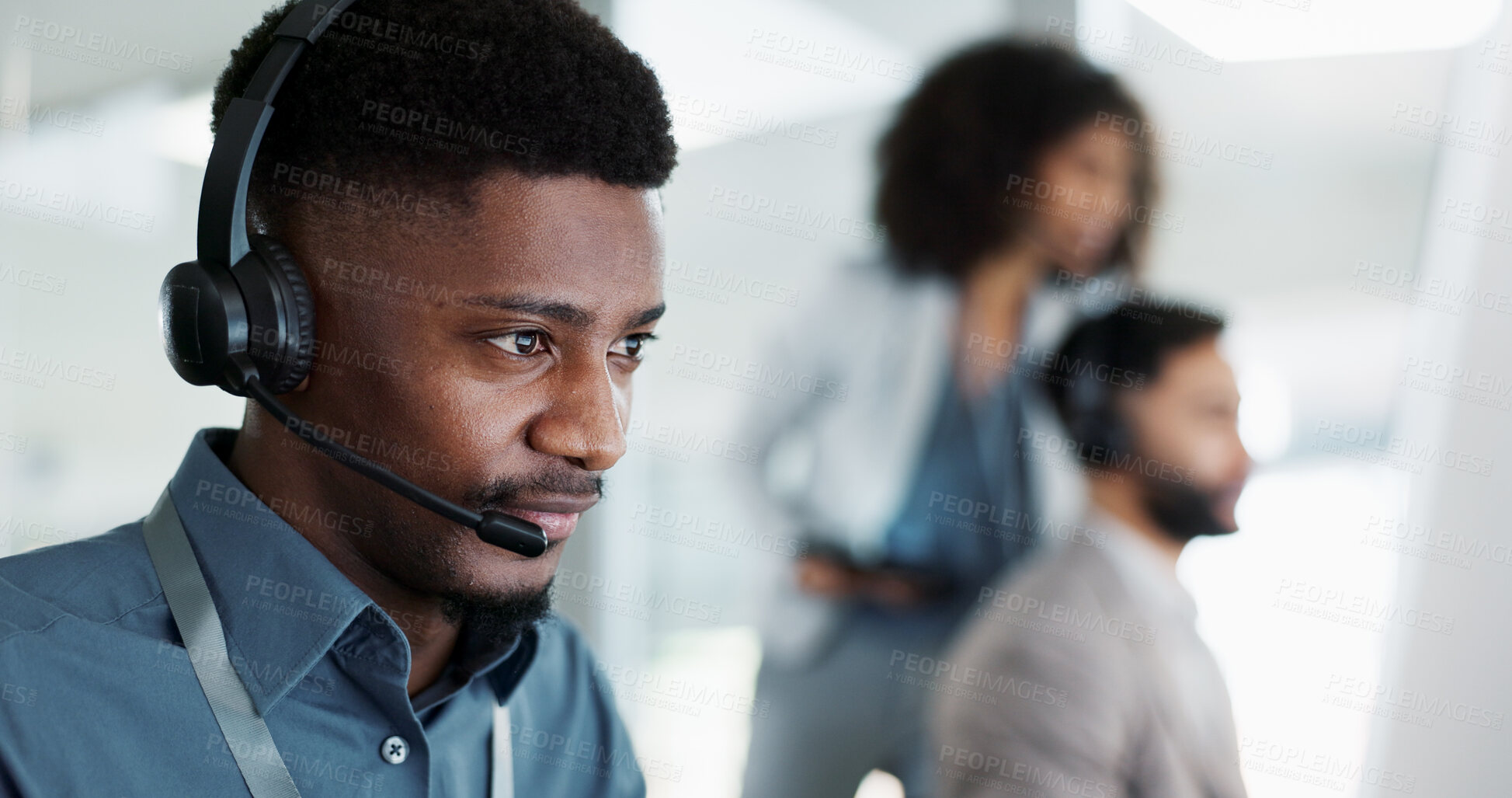 Buy stock photo Call center consultant, mentor and happy black man for onboarding training, telemarketing sales or telecom service. Tech support, customer care teamwork and face of manager mentoring ecommerce agent