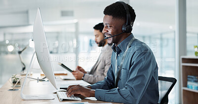 Happy black man, call center and customer service in telemarketing, communication or support at office. African male person or consultant agent smile in online advice, help or contact us at workplace