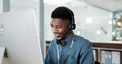 Happy black man, face and call center in customer service, support or telemarketing at office. African male person, consultant or agent with headphones for consulting in contact us or online advice