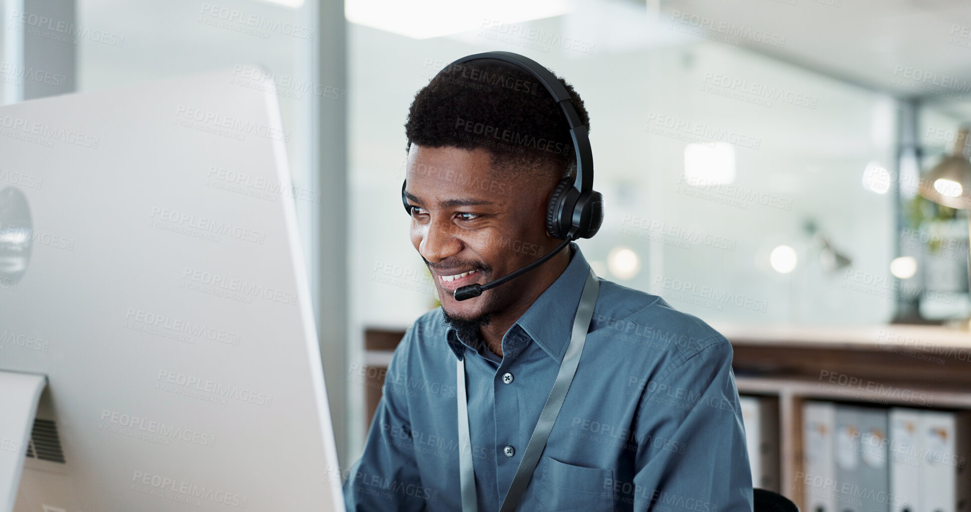 Buy stock photo Happy black man, face and call center in customer service, support or telemarketing at office. African male person, consultant or agent with headphones for consulting in contact us or online advice