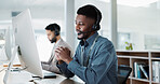 Happy black man, face and call center in customer service, support or telemarketing at office. African male person, consultant or agent with headphones for consulting in contact us or online advice