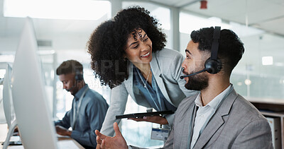 Business people, call center and coaching staff in customer service, support or telemarketing at office. Team, agent or consultant training together in teamwork for online advice, help or contact us