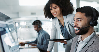 Call center computer, manager and people smile for telemarketing sales, outsourcing success or lead generation results. Tech support data, help desk teamwork and team with customer service feddback