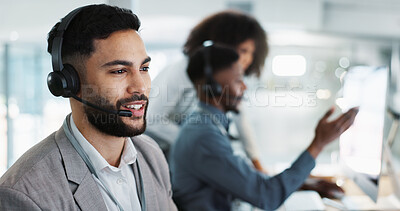 Computer, call center and happy man talking, crm and support at help desk office. Technology, customer service and sales agent consulting, telemarketing communication or speaking to business contact