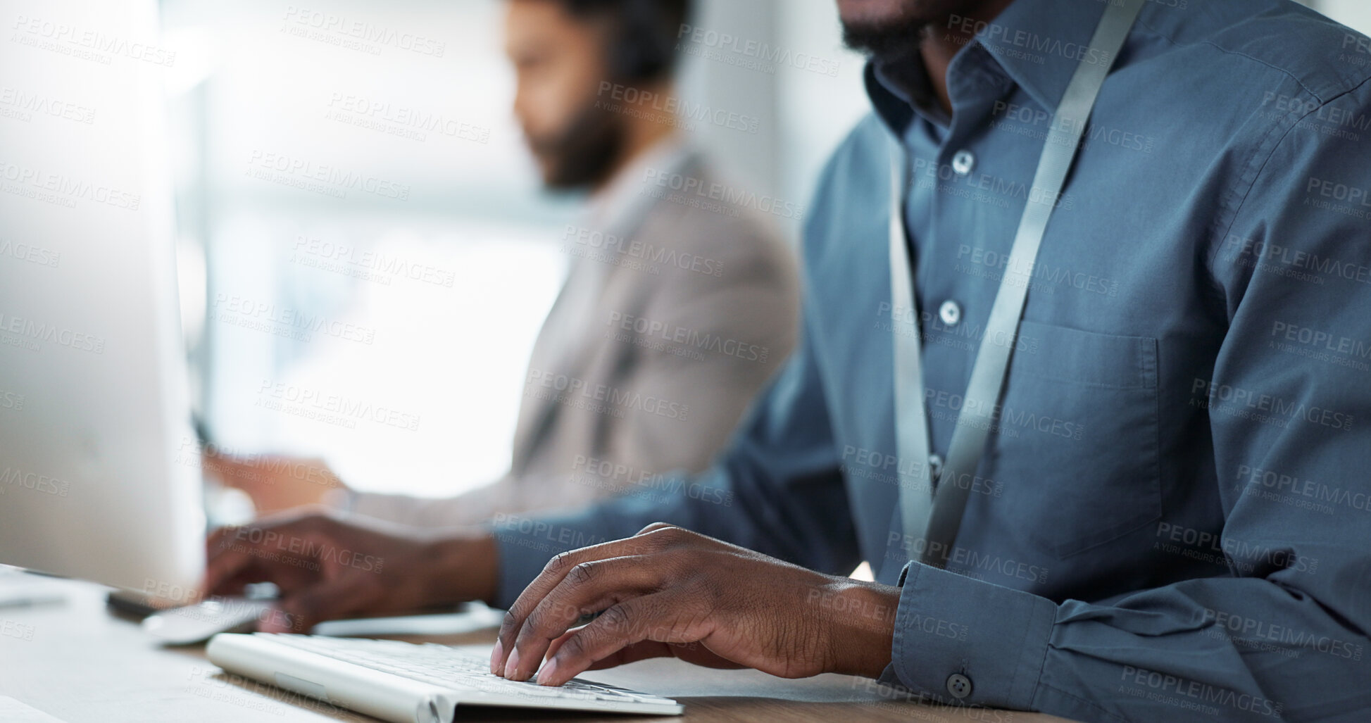 Buy stock photo Keyboard, hands and businessman in the office typing for research on the internet for a project. Computer, technology and closeup of professional African male designer working on a pc in workplace.