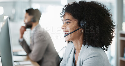 Happy woman, call center and customer service in telemarketing, support or communication at office. Friendly female person, consultant or agent smile in online advice, help or contact us at workplace