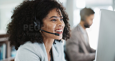 Happy woman, call center and face with headphones in customer service, support or telemarketing at office. Friendly person, consultant or agent smile in online advice, help or contact us at workplace