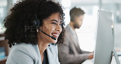 Happy woman, call center and face with headphones in customer service, support or telemarketing at office. Friendly person, consultant or agent smile in online advice, help or contact us at workplace