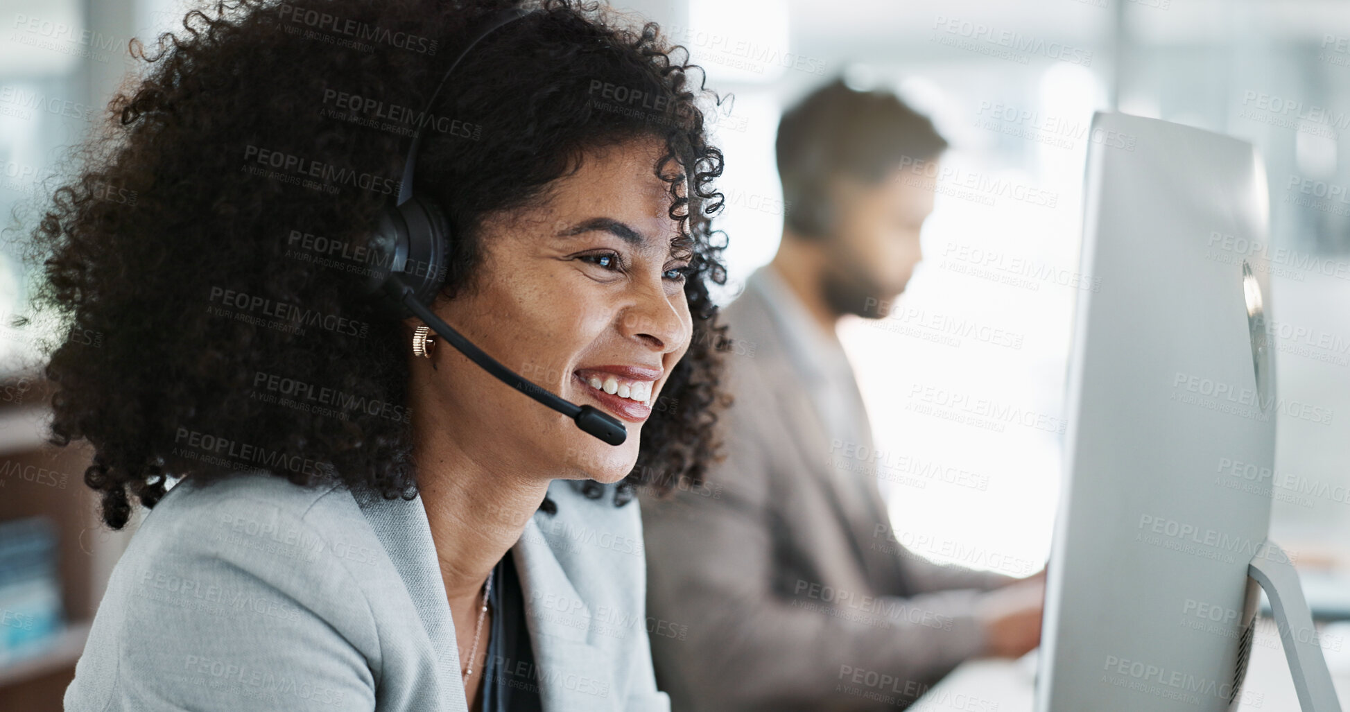 Buy stock photo Happy woman, call center and face with headphones in customer service, support or telemarketing at office. Friendly person, consultant or agent smile in online advice, help or contact us at workplace