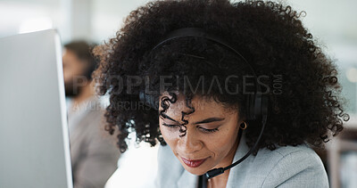 Happy woman, call center and headphones in customer service, support or telemarketing at computer. Face of friendly person, consultant or agent smile for online advice, help or contact us at office