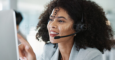 Happy woman, call center and headphones in customer service, telemarketing or support at office. Friendly female person, consultant or agent smile for online advice, help or contact us at workplace