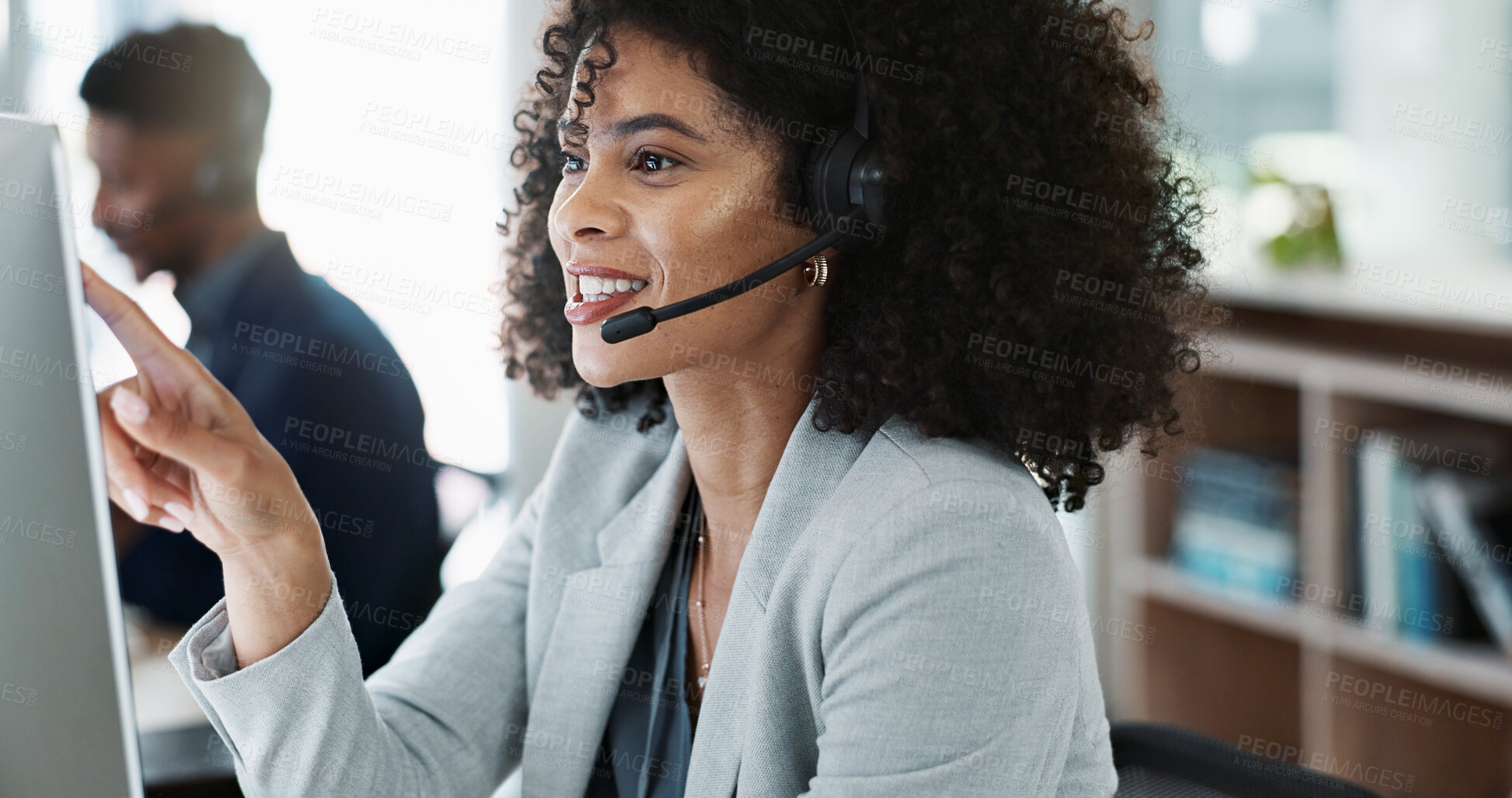 Buy stock photo Happy woman, call center and headphones in customer service, telemarketing or support at office. Friendly female person, consultant or agent smile for online advice, help or contact us at workplace