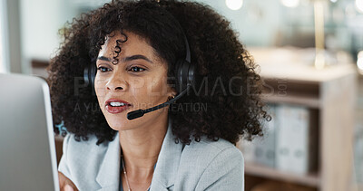 Happy woman, call center and headphones in customer service, support or telemarketing at office. Face of friendly person, consultant or agent smile for online advice, help or contact us at workplace