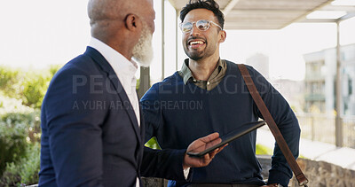 Outdoor, business people and men with a tablet, conversation and talking with connection, company website and email. Staff, manager and employee with technology, outside and internet with digital app