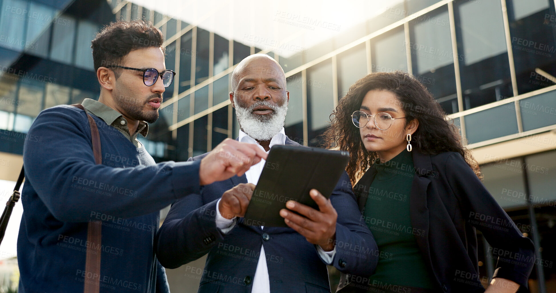 Buy stock photo Tablet, meeting and business people with manager in the city planning a legal strategy. Discussion, digital technology and team of professional lawyers working on case in collaboration in urban town.