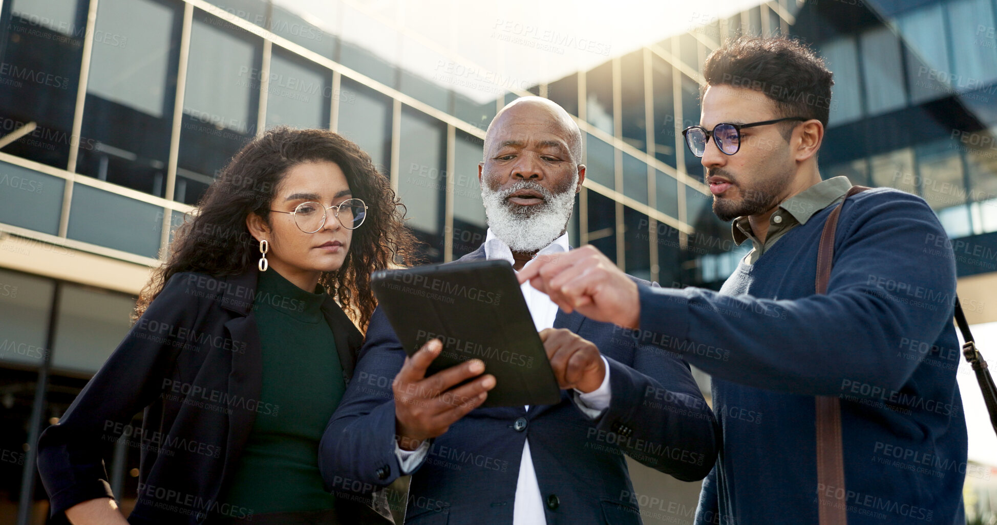 Buy stock photo Tablet, meeting and business people with manager in the city planning a legal strategy. Discussion, digital technology and team of professional lawyers working on case in collaboration in urban town.