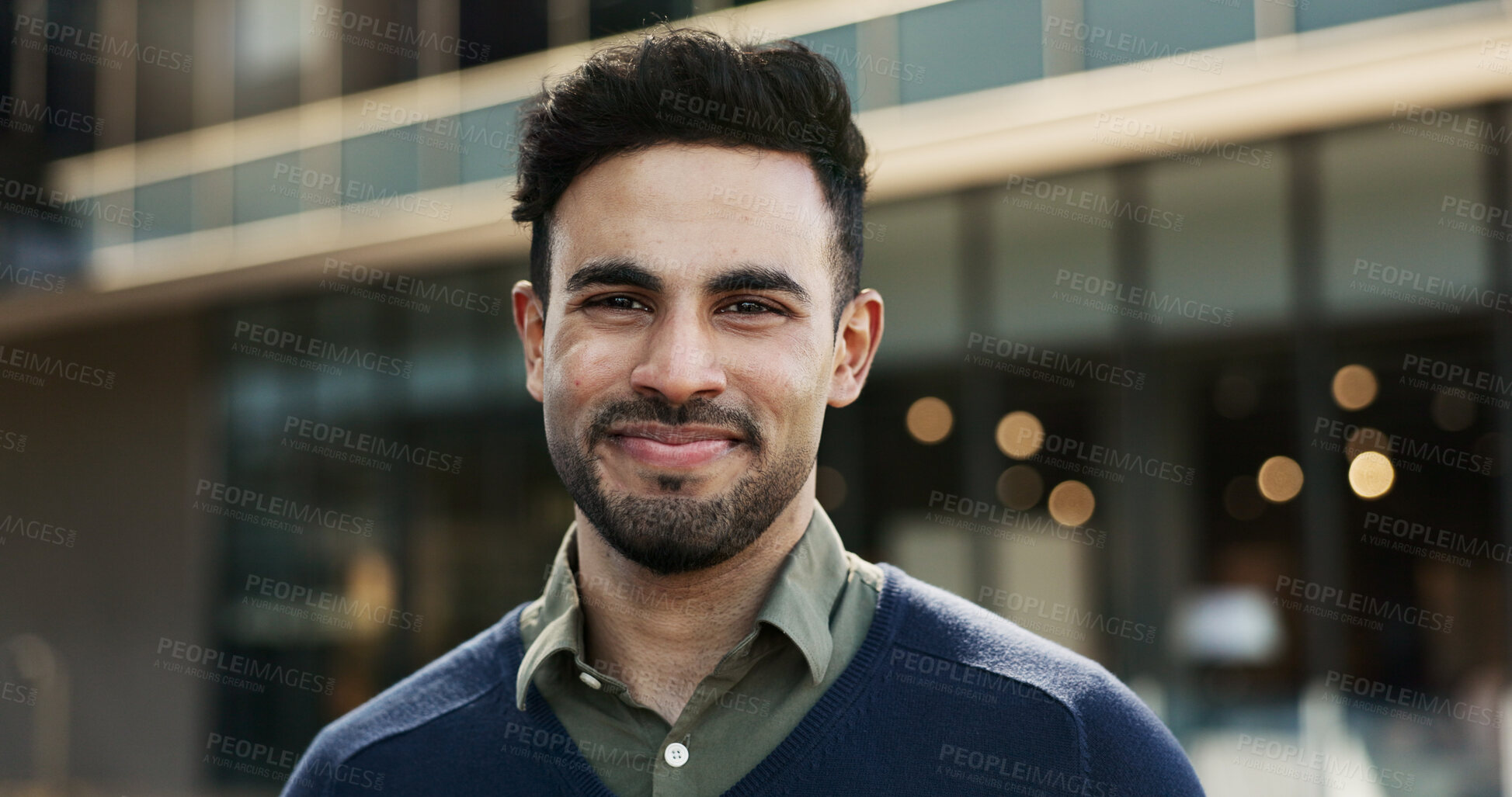 Buy stock photo Happy, city and face of business man by building for career, job and work opportunity. Professional, corporate worker and portrait of person in urban town for success mindset, growth and travel