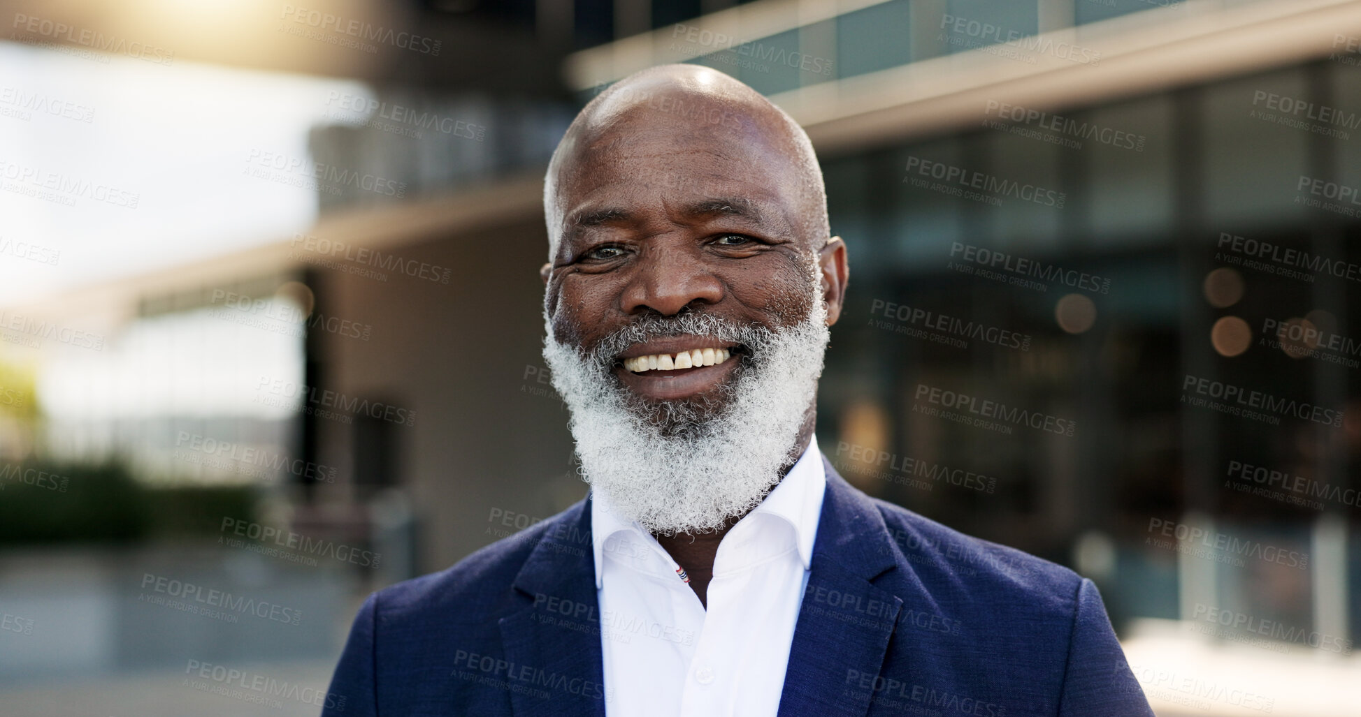 Buy stock photo Happy, city and face of business black man by building for career, job and work opportunity. Professional, corporate leader and portrait of worker in urban town for success mindset, pride and travel