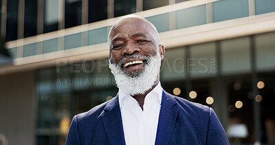 Laugh, city and face of business black man in city by building for career, job and work opportunity. Professional, happy and portrait of worker in urban town for success mindset, growth and travel