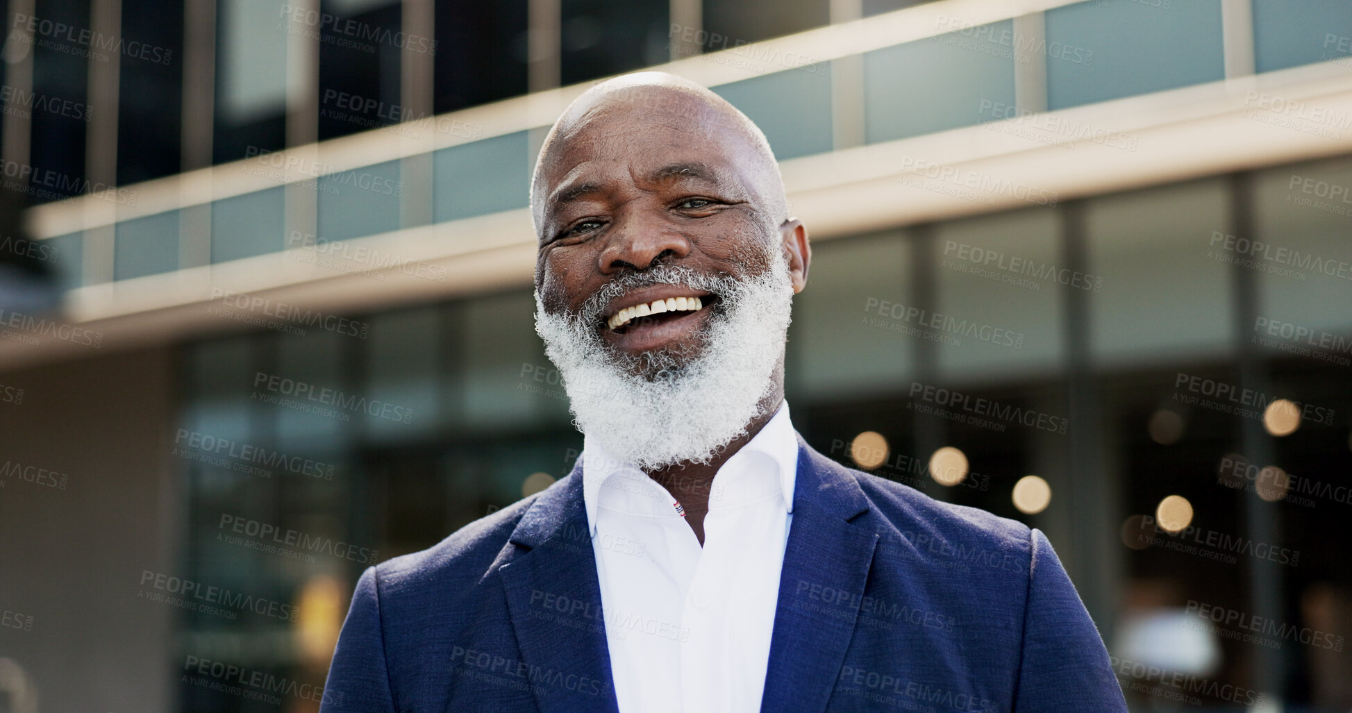 Buy stock photo Laugh, city and face of business black man in city by building for career, job and work opportunity. Professional, happy and portrait of worker in urban town for success mindset, growth and travel