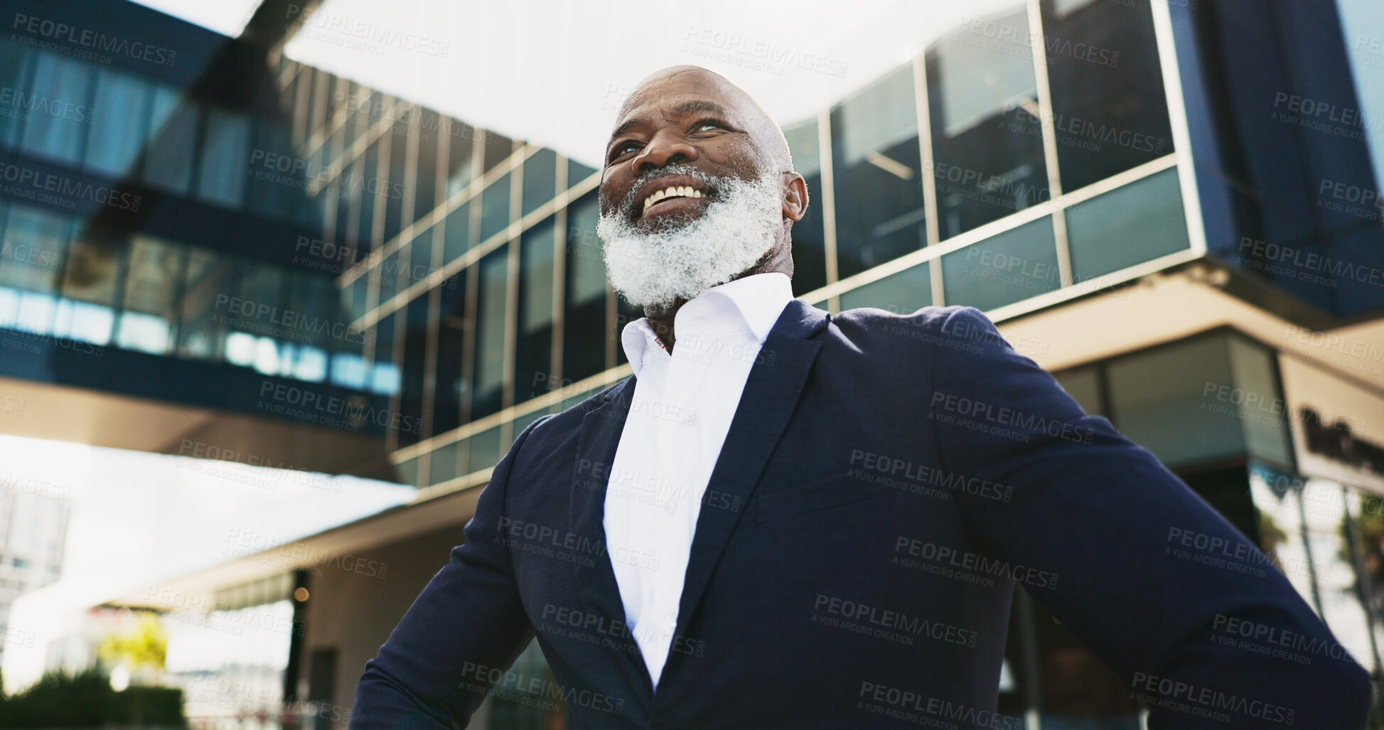 Buy stock photo Outdoor, business and senior man with a smile, thinking and opportunity with success, pride and career ambition. African person, employee and entrepreneur with ideas, solution and vision for company