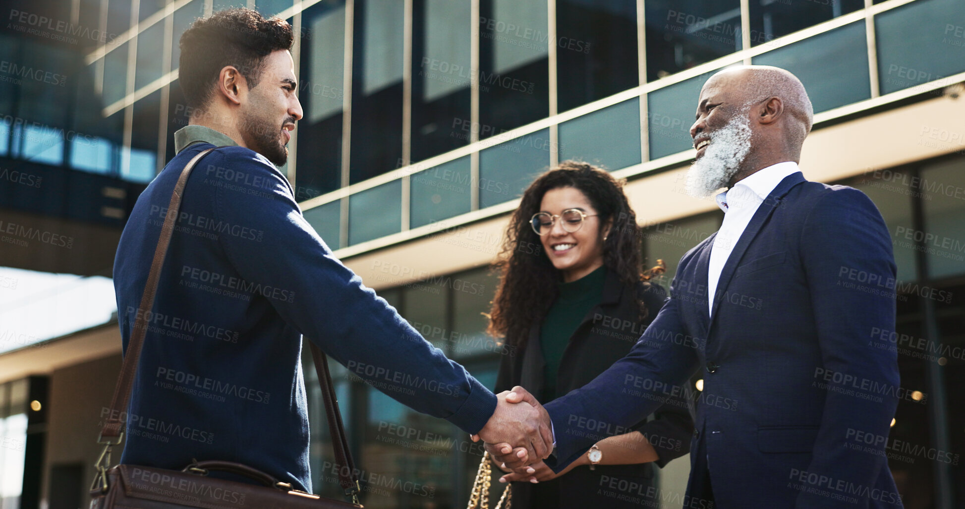 Buy stock photo Handshake, city and happy business people for recruitment, career and hiring opportunity. Professional, collaboration and workers shaking hands for agreement, thank you and b2b deal for success