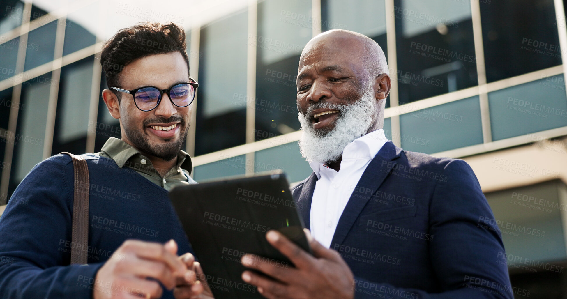 Buy stock photo Tablet, discussion and business people doing research in the city planning a legal strategy. Meeting, digital technology and team of male lawyers working on case in collaboration in urban town.