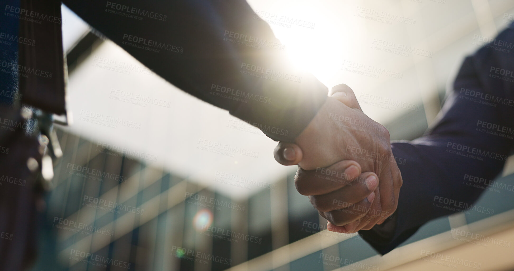 Buy stock photo Handshake, meeting and business people in morning in city for career, job and work opportunity. Professional, collaboration and workers shaking hands for agreement, thank you and b2b deal for hiring