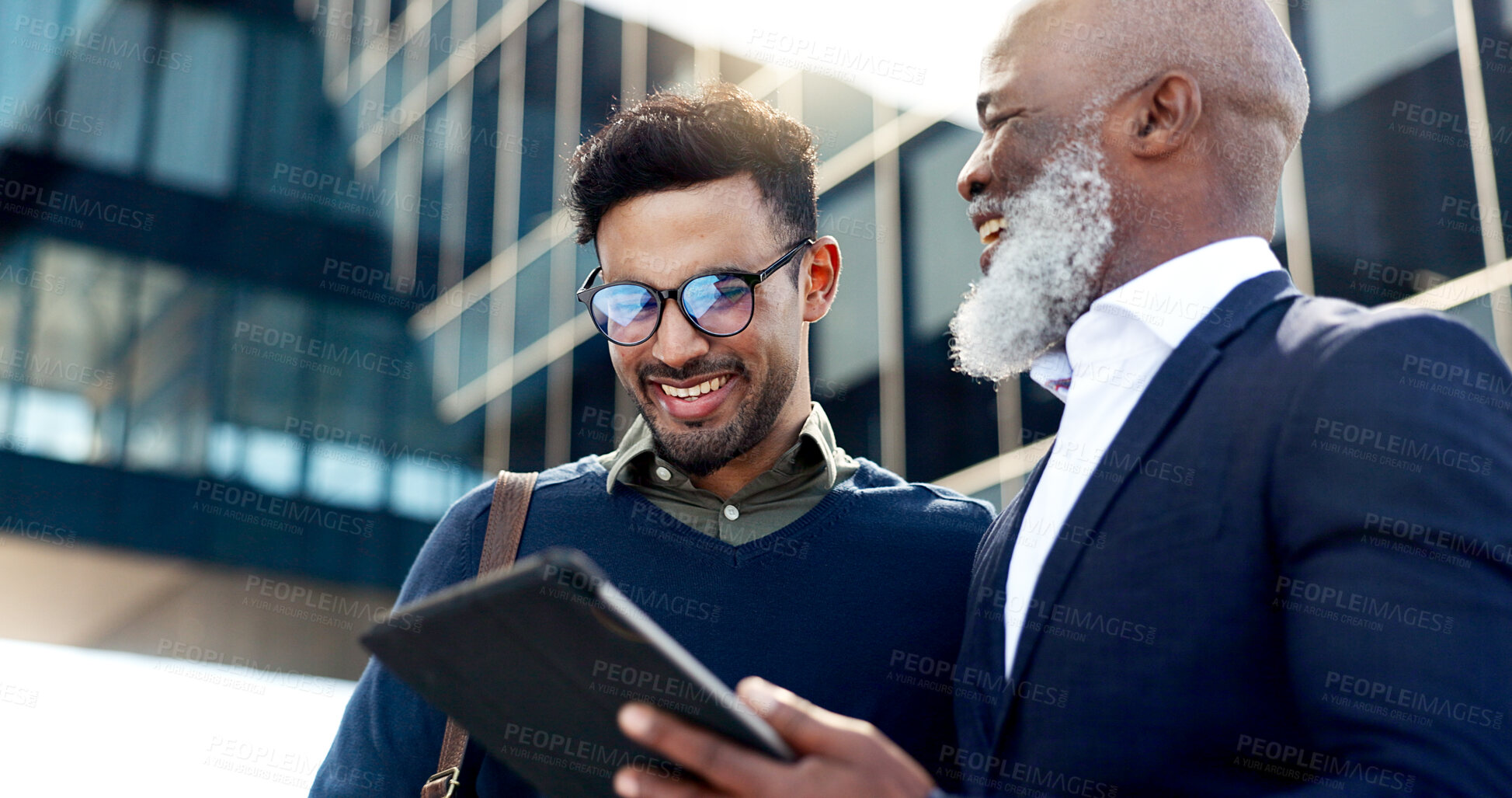 Buy stock photo Tablet, discussion and business men in the city planning a legal strategy in collaboration. Meeting, digital technology and team of professional male lawyers working on corporate case in urban town.