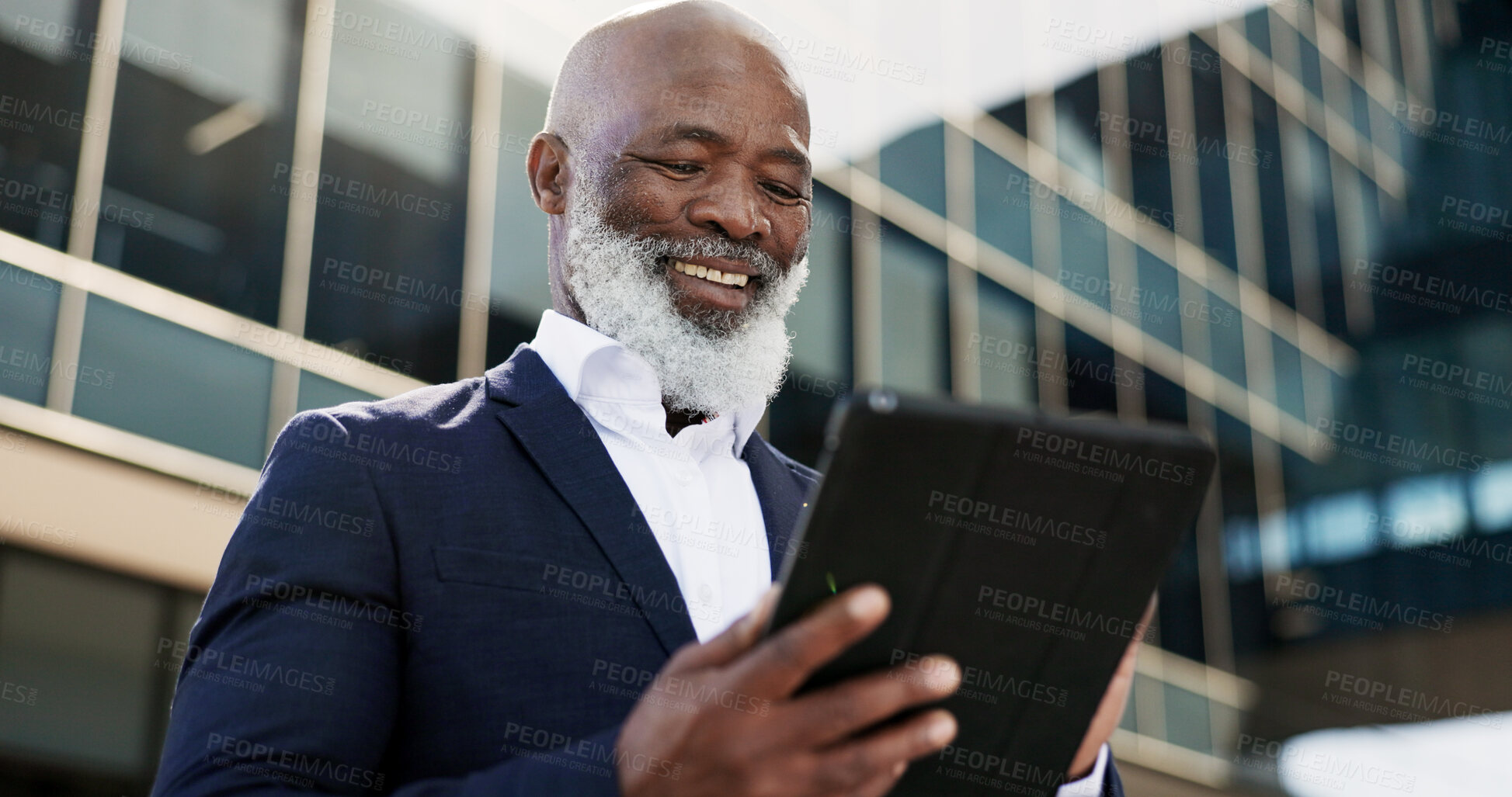 Buy stock photo Tablet, smile and senior businessman in the city doing research for a legal strategy. Happy, digital technology and elderly professional African male lawyer working on case commuting in urban town.