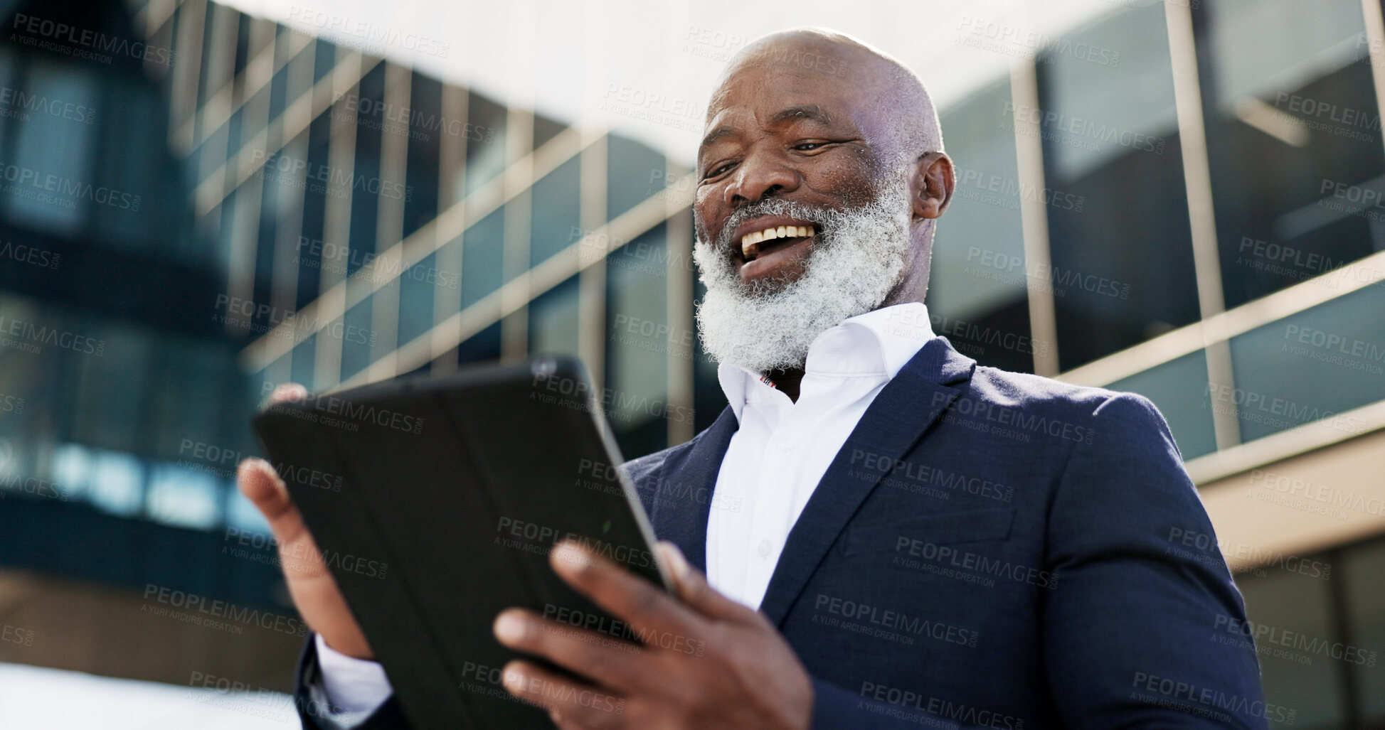 Buy stock photo Tablet, smile and senior businessman in the city doing research for a legal strategy. Happy, digital technology and elderly professional African male lawyer working on case commuting in urban town.