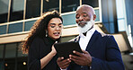 Tablet, talking and businesswoman with manager in the city planning a legal strategy. Discussion, digital technology and team of professional lawyers working on case in collaboration in urban town.