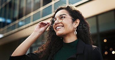 Smile, vision and opportunity with a business black woman outdoor in the city for energy or inspiration. Face, thinking and glasses with a happy young employee looking to the future in an urban town